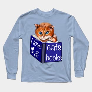 I love cats and books- blue eyed Kitten reading a book. White background. Book Reading themed gifts for lovers of book Long Sleeve T-Shirt